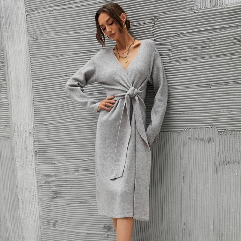 Cozy, chic drop shoulder wrap sweater dress
